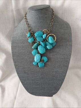 Turquoise Cluster Statement Necklace with Antique Gold Accents